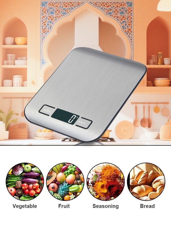 BASILKIT 5kg Precision Digital Kitchen Scale Rechargeable with USB Type-C Charging & LCD Display, Stainless Steel Food Scale in Silver for Cooking Baking with g/oz/lb/ml Units - Image 5
